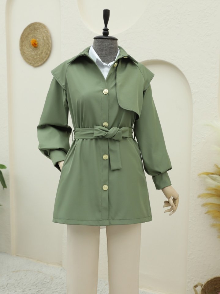 Broş Düğmeli Çift Düğmeli Kemerli Trençkot -Haki