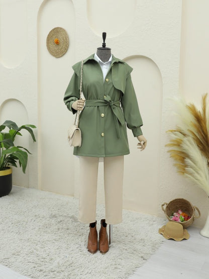 Broş Düğmeli Çift Düğmeli Kemerli Trençkot -Haki