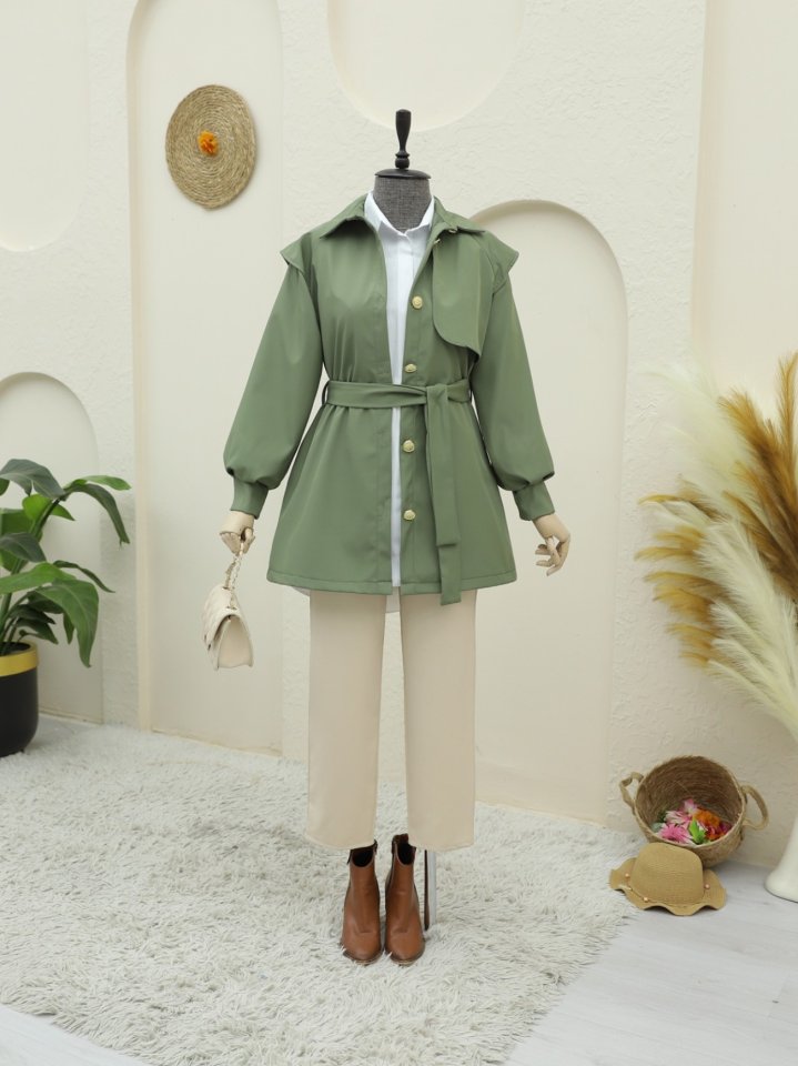 Broş Düğmeli Çift Düğmeli Kemerli Trençkot -Haki