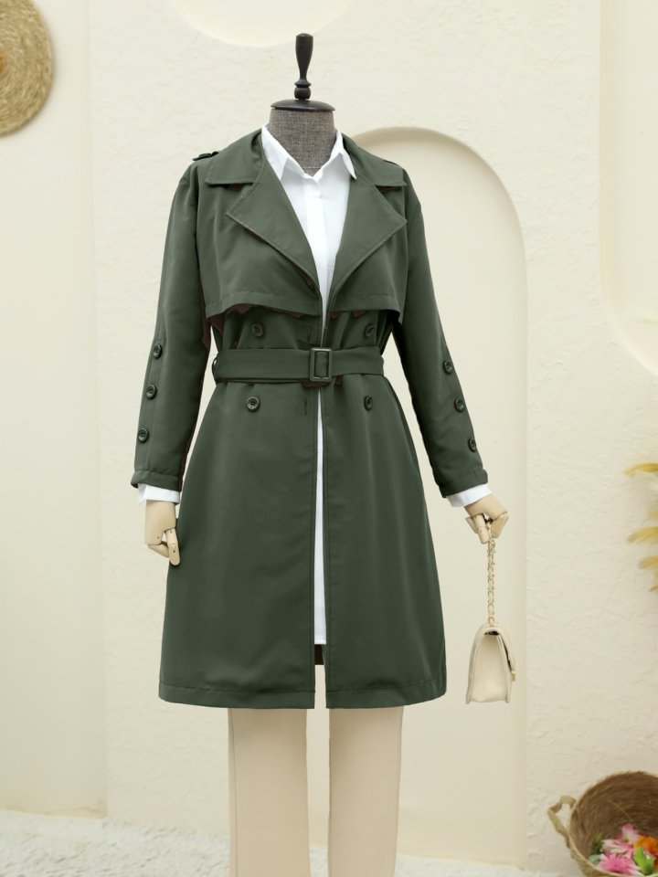 İç Astarlı Düğmeli Kemerli Trençkot  -Haki