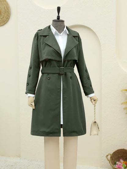 İç Astarlı Düğmeli Kemerli Trençkot  -Haki