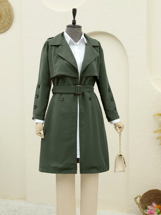 İç Astarlı Düğmeli Kemerli Trençkot  -Haki