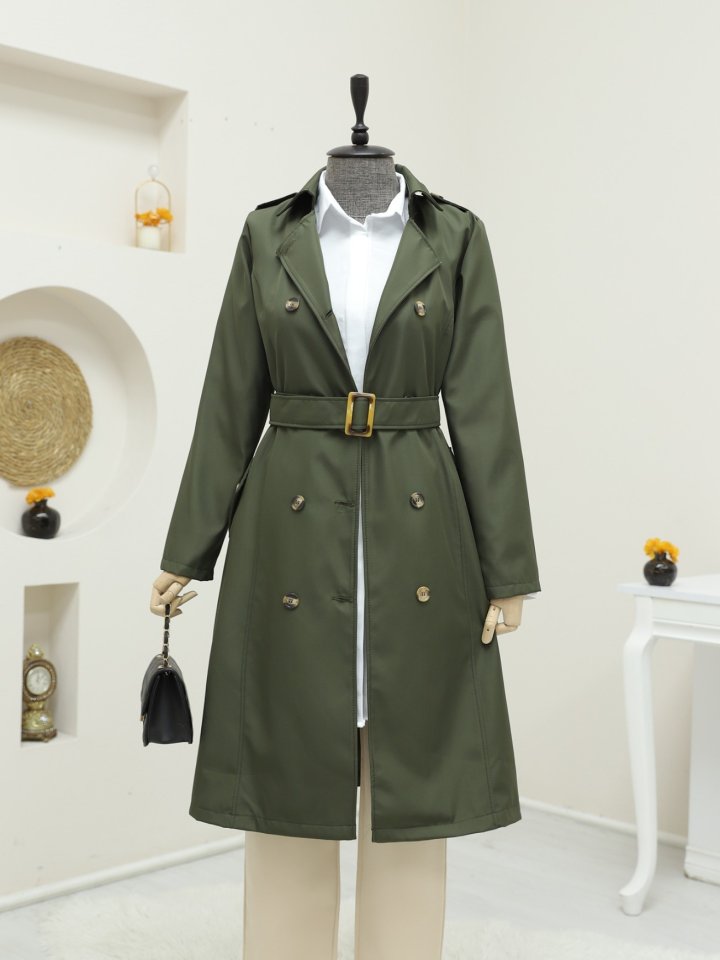 Düğmeli Kemerli Ara Boy Trençkot -Haki