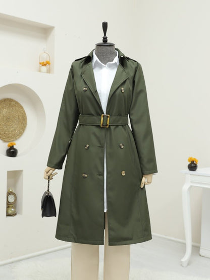 Düğmeli Kemerli Ara Boy Trençkot -Haki