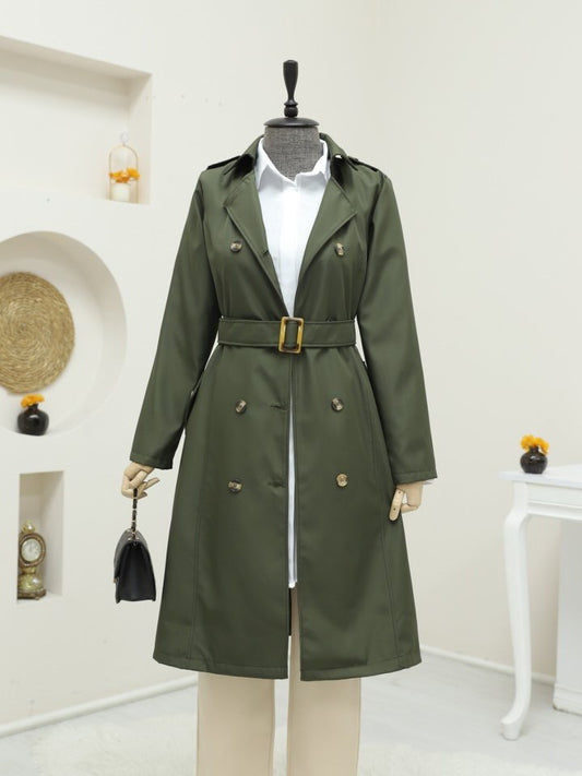 Düğmeli Kemerli Ara Boy Trençkot -Haki