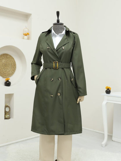 Düğmeli Kemerli Ara Boy Trençkot -Haki
