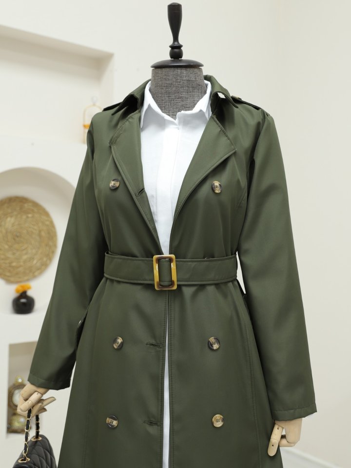 Düğmeli Kemerli Ara Boy Trençkot -Haki