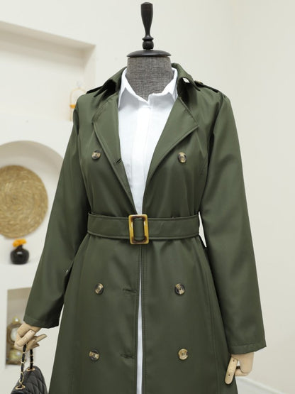 Düğmeli Kemerli Ara Boy Trençkot -Haki