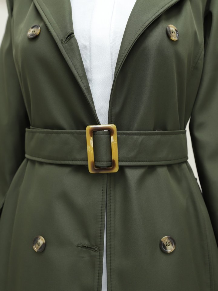 Düğmeli Kemerli Ara Boy Trençkot -Haki