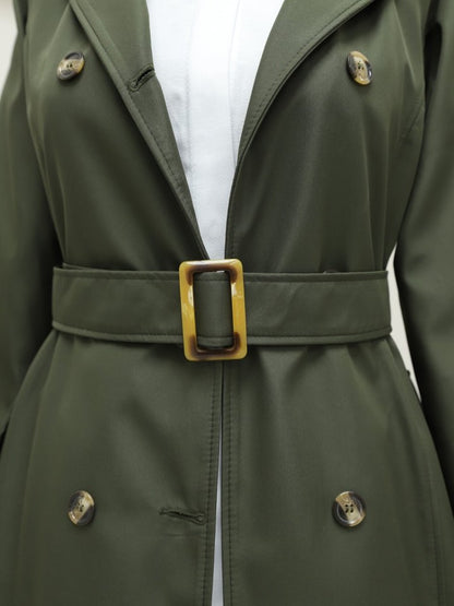 Düğmeli Kemerli Ara Boy Trençkot -Haki