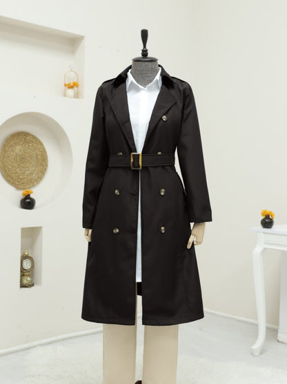 Düğmeli Kemerli Ara Boy Trençkot -Siyah