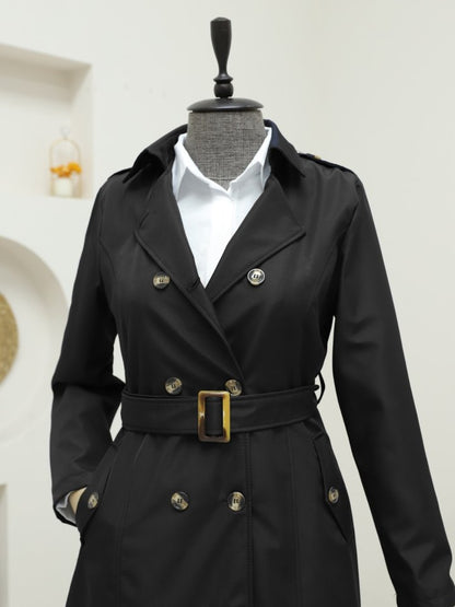 Düğmeli Kemerli Ara Boy Trençkot -Siyah