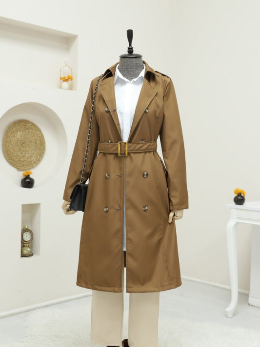 Düğmeli Kemerli Ara Boy Trençkot -Taba