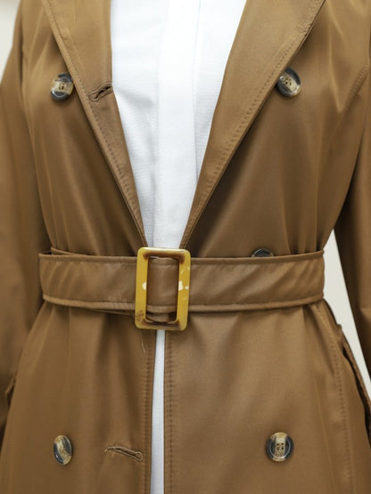 Düğmeli Kemerli Ara Boy Trençkot -Taba