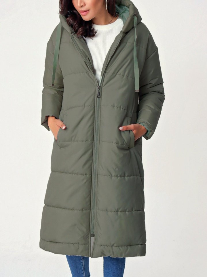 Sabit Kapşonlu Kuş Gözü Detaylı Uzun Kaban   -Haki