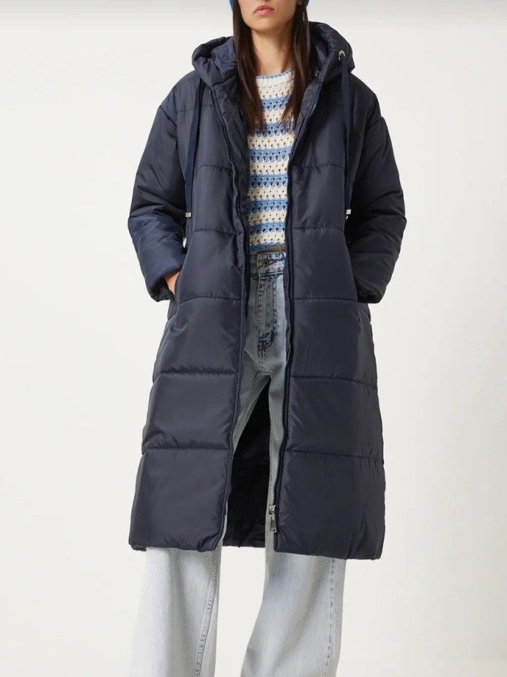 Sabit Kapşonlu Kuş Gözü Detaylı Uzun Kaban  -Laci