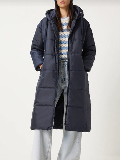 Sabit Kapşonlu Kuş Gözü Detaylı Uzun Kaban  -Laci