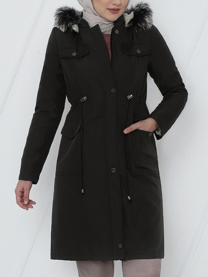 Çıkma Kapşonlu Bağcıklı Bondit Kısa Kaban -Siyah