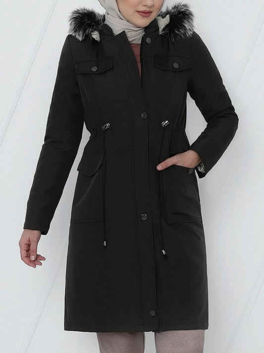 Çıkma Kapşonlu Bağcıklı Bondit Kısa Kaban -Siyah