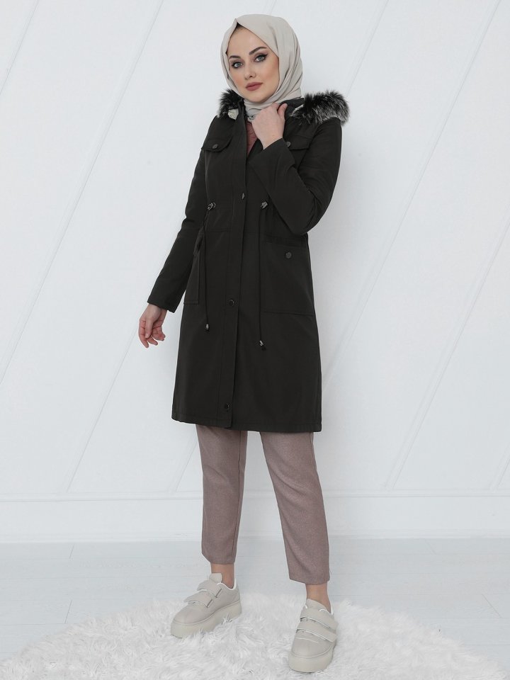 Çıkma Kapşonlu Bağcıklı Bondit Kısa Kaban -Siyah