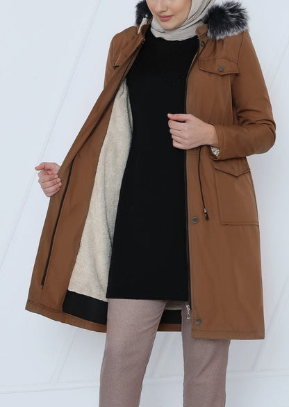 Çıkma Kapşonlu Bağcıklı Bondit Kısa Kaban -Taba