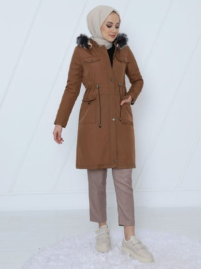 Çıkma Kapşonlu Bağcıklı Bondit Kısa Kaban -Taba