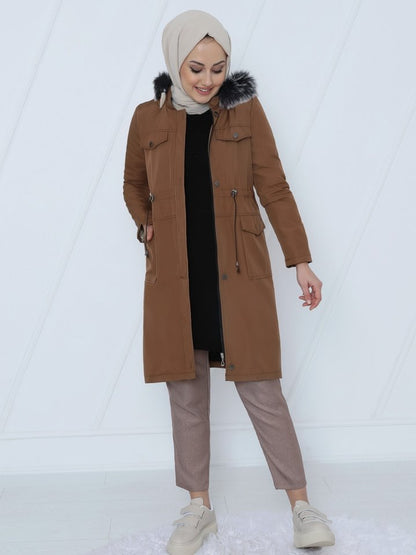 Çıkma Kapşonlu Bağcıklı Bondit Kısa Kaban -Taba