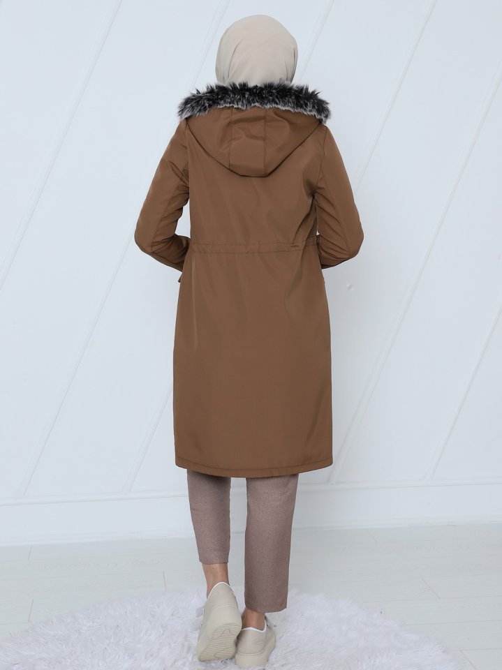 Çıkma Kapşonlu Bağcıklı Bondit Kısa Kaban -Taba