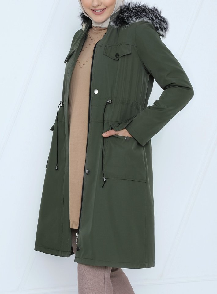 Çıkma Kapşonlu Bağcıklı Bondit Kısa Kaban  -Haki