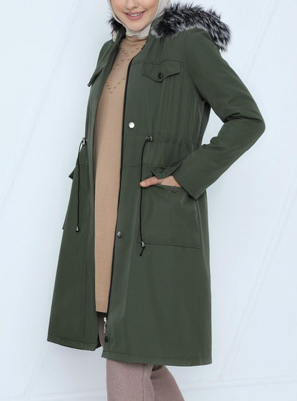 Çıkma Kapşonlu Bağcıklı Bondit Kısa Kaban  -Haki