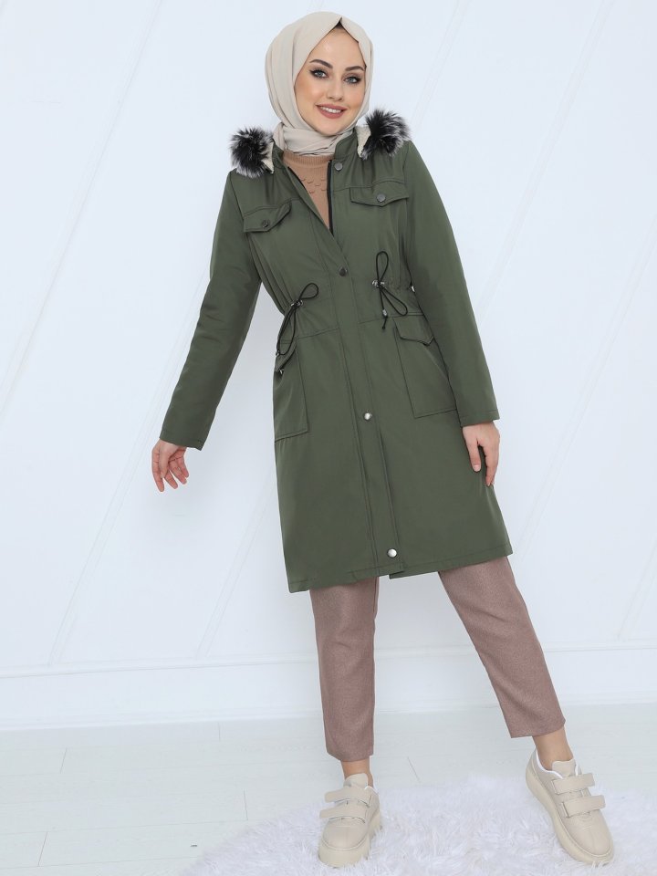 Çıkma Kapşonlu Bağcıklı Bondit Kısa Kaban  -Haki