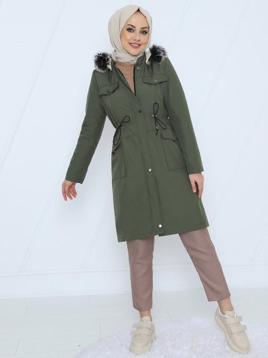 Çıkma Kapşonlu Bağcıklı Bondit Kısa Kaban  -Haki