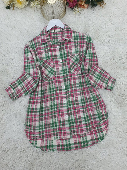 Boydan Düğmeli Çift Cepli Tüvit Gömlek  -Pembe