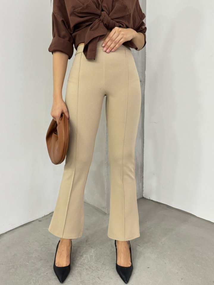 Beli Lastikli Likralı İspanyol Pantolon -Bej