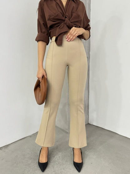 Beli Lastikli Likralı İspanyol Pantolon -Bej