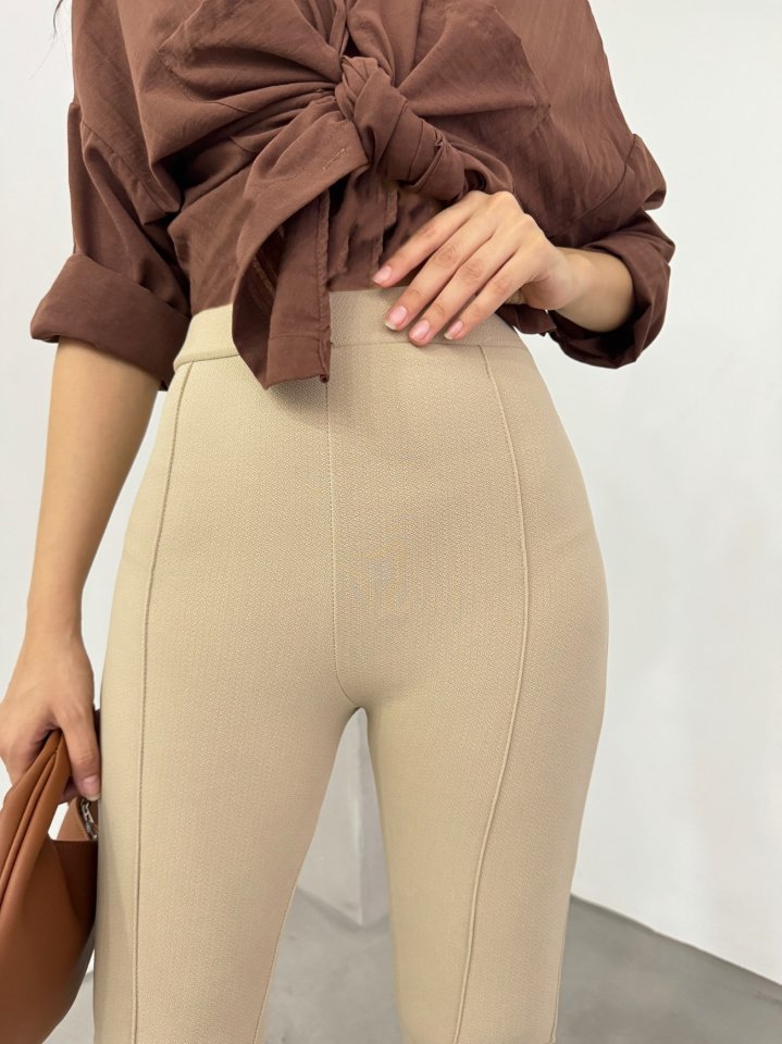 Beli Lastikli Likralı İspanyol Pantolon -Bej