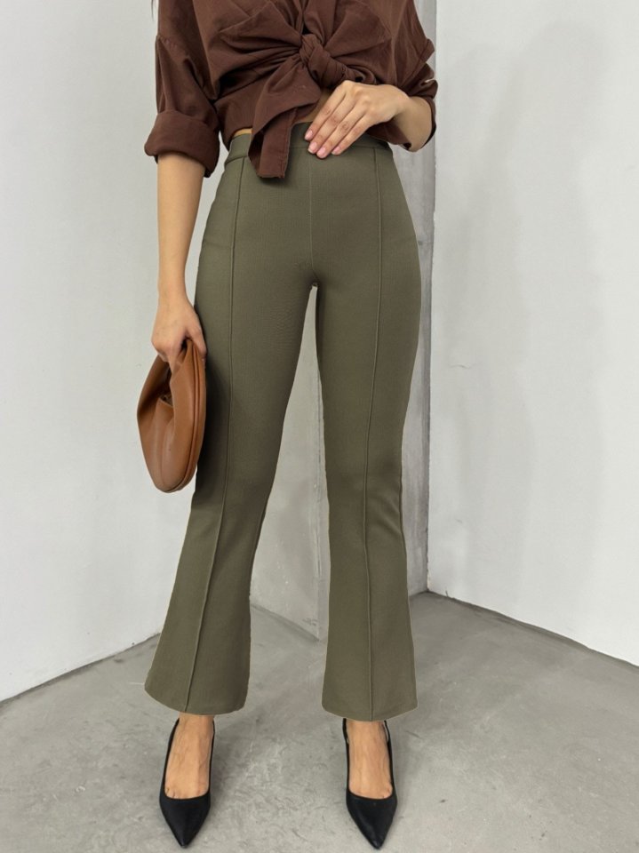 Beli Lastikli Likralı İspanyol Pantolon -Haki