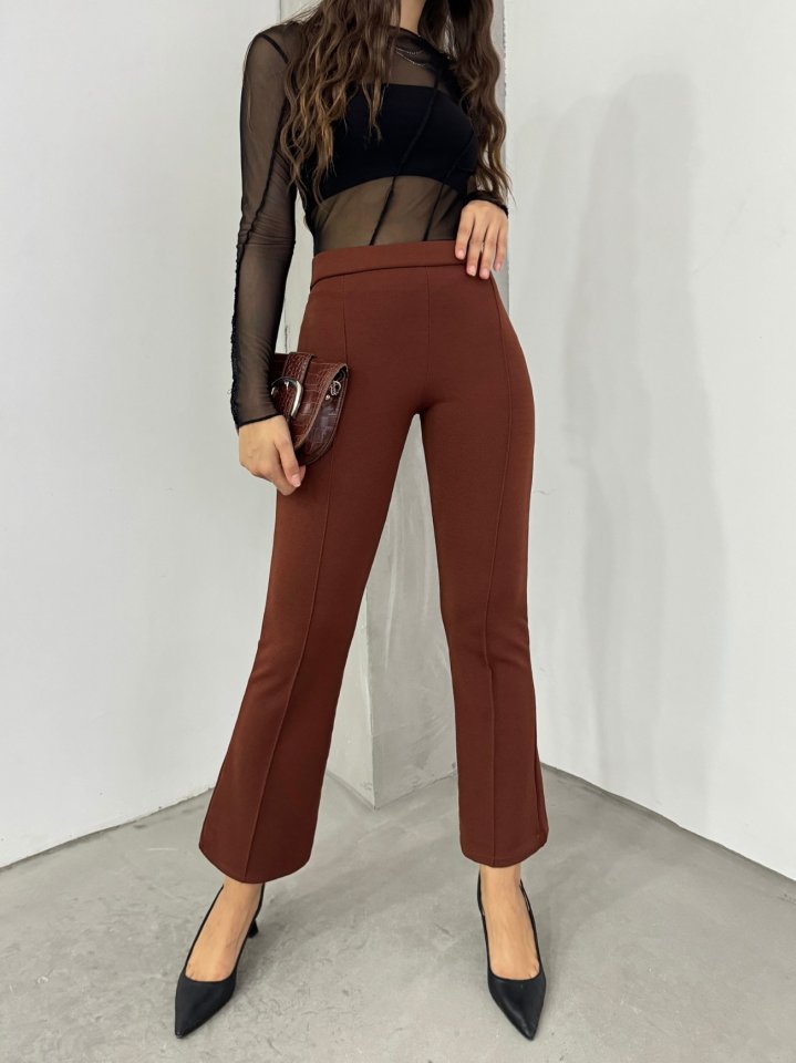 Beli Lastikli Likralı İspanyol Pantolon -Kahve