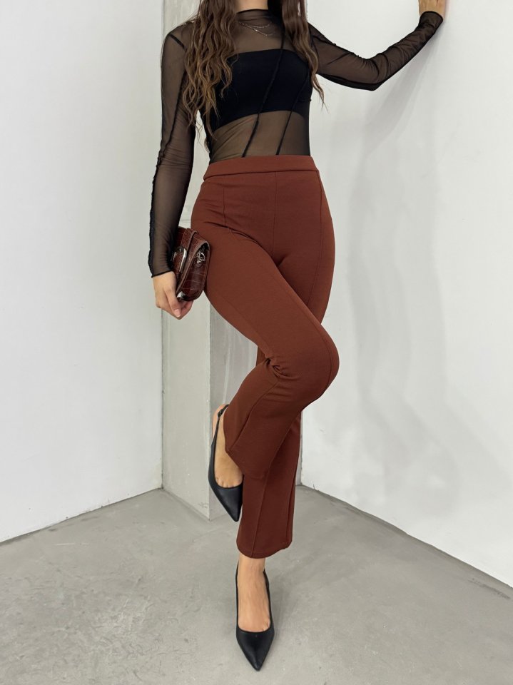 Beli Lastikli Likralı İspanyol Pantolon -Kahve