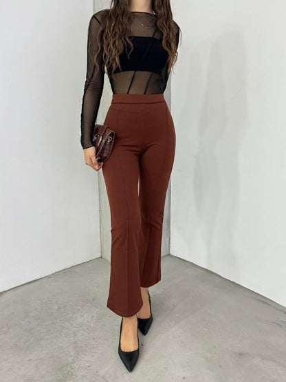 Beli Lastikli Likralı İspanyol Pantolon -Kahve