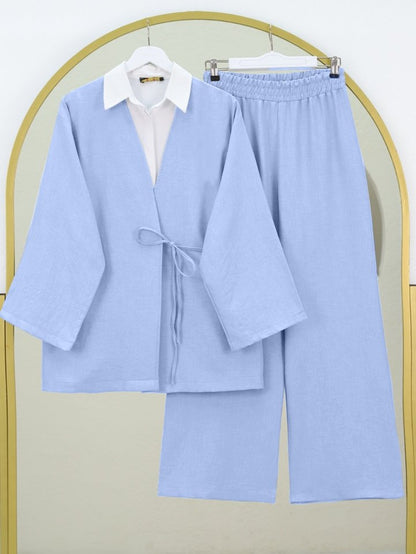 Önden Bağlamalı Pantolonlu Kimono Takım   -Bebe Mavi