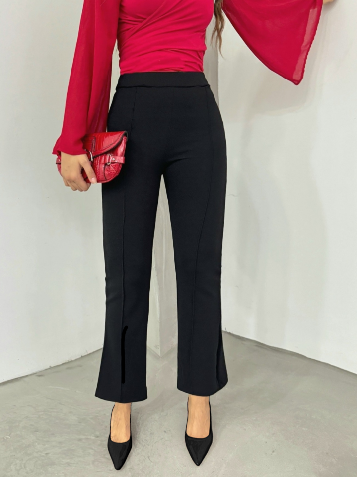 Beli Lastikli Likralı İspanyol Pantolon -Siyah