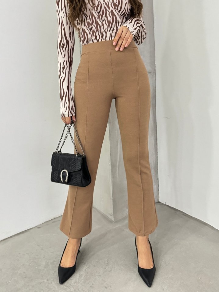 Beli Lastikli Likralı İspanyol Pantolon -Vizon