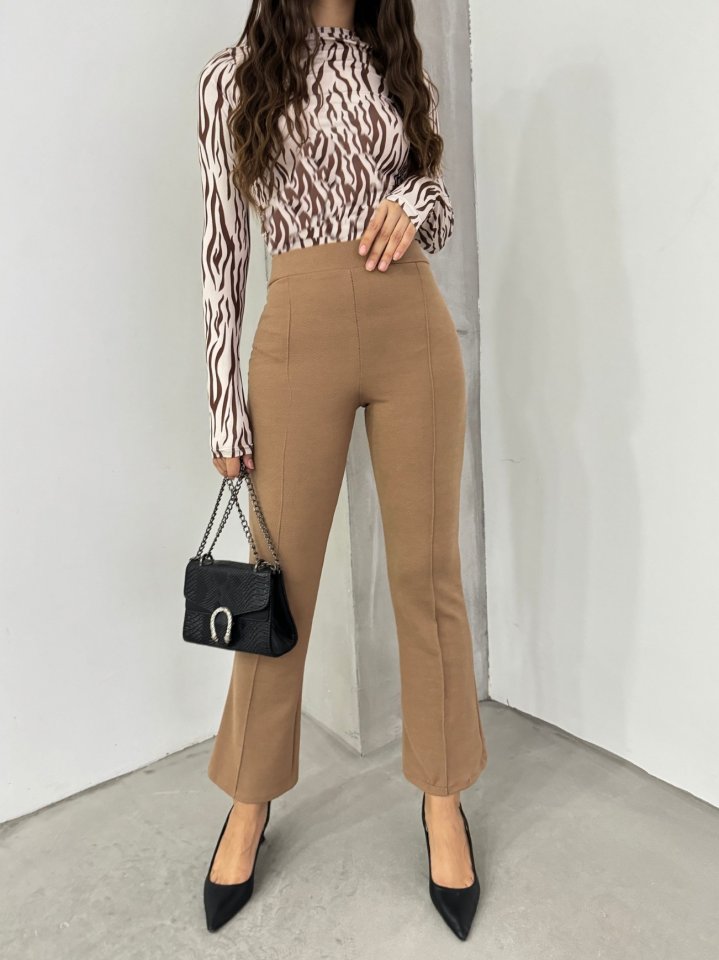 Beli Lastikli Likralı İspanyol Pantolon -Vizon