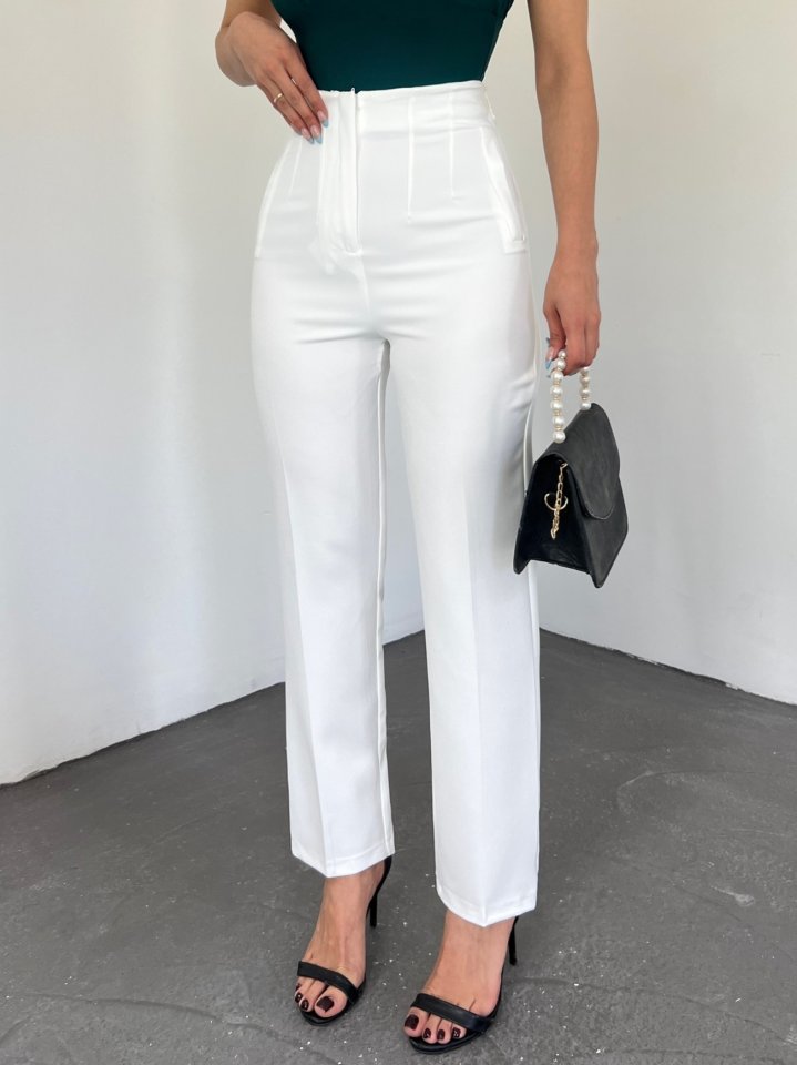 Zra Pileli Havuç Pantolon -Beyaz