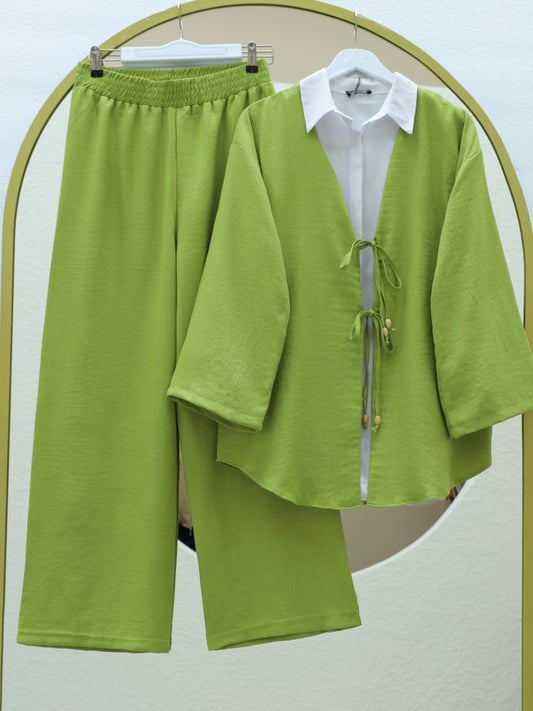 Önü Çift Bağlamalı Pantolonlu Kimono Takım -Yağ Yeşili