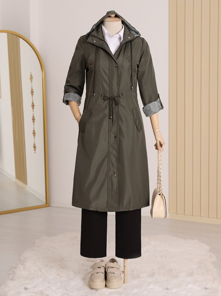 Astarı Çizgili Trençkot    -Haki