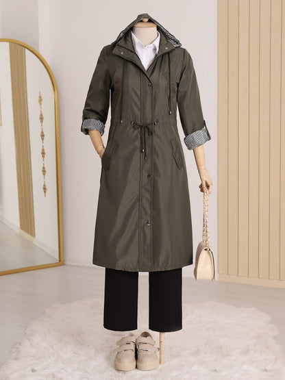 Astarı Çizgili Trençkot    -Haki