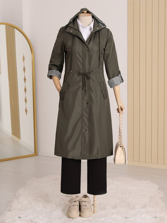 Astarı Çizgili Trençkot    -Haki