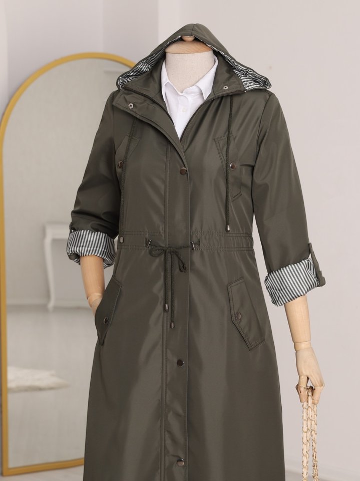 Astarı Çizgili Trençkot    -Haki